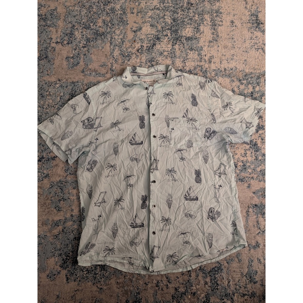 Free Planet Mens XL Mint Green Beach Print Cotton Modal Short Sleeve Button Down